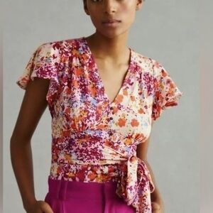 NWT Anthropologie Floral Top With Tie XL